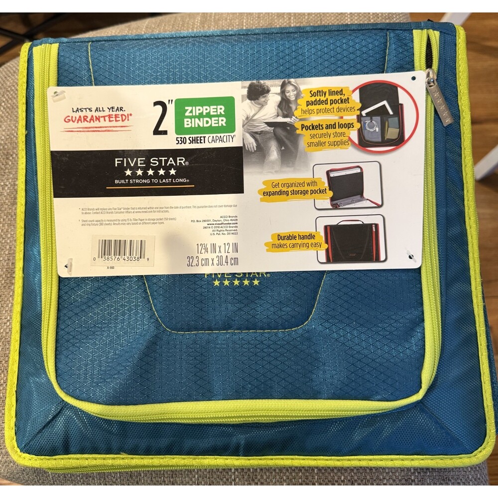 New Five Star 2" Teal Blue Fabric Zipper 3 Ring Binder 8.5 x 11